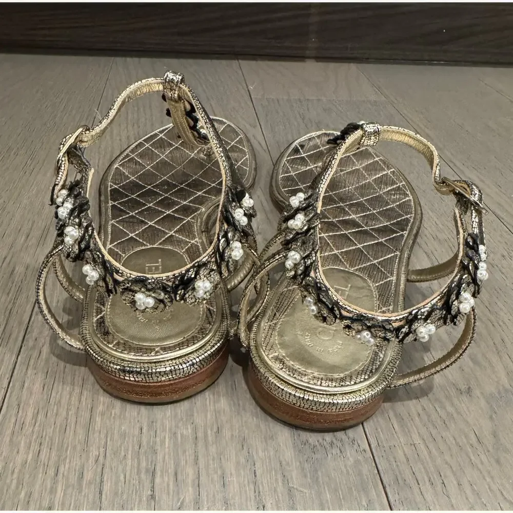 Chanel 38C Pewter Silver Oxidized Silver Thong Sandals Pearl Flower Camellia